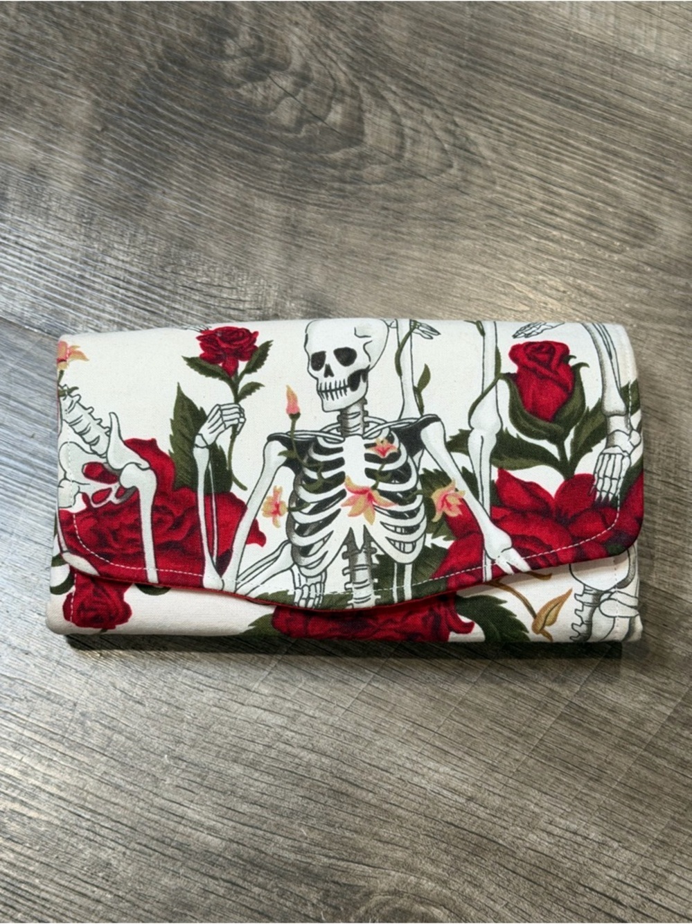 Handmade skulls and roses fabric wallet